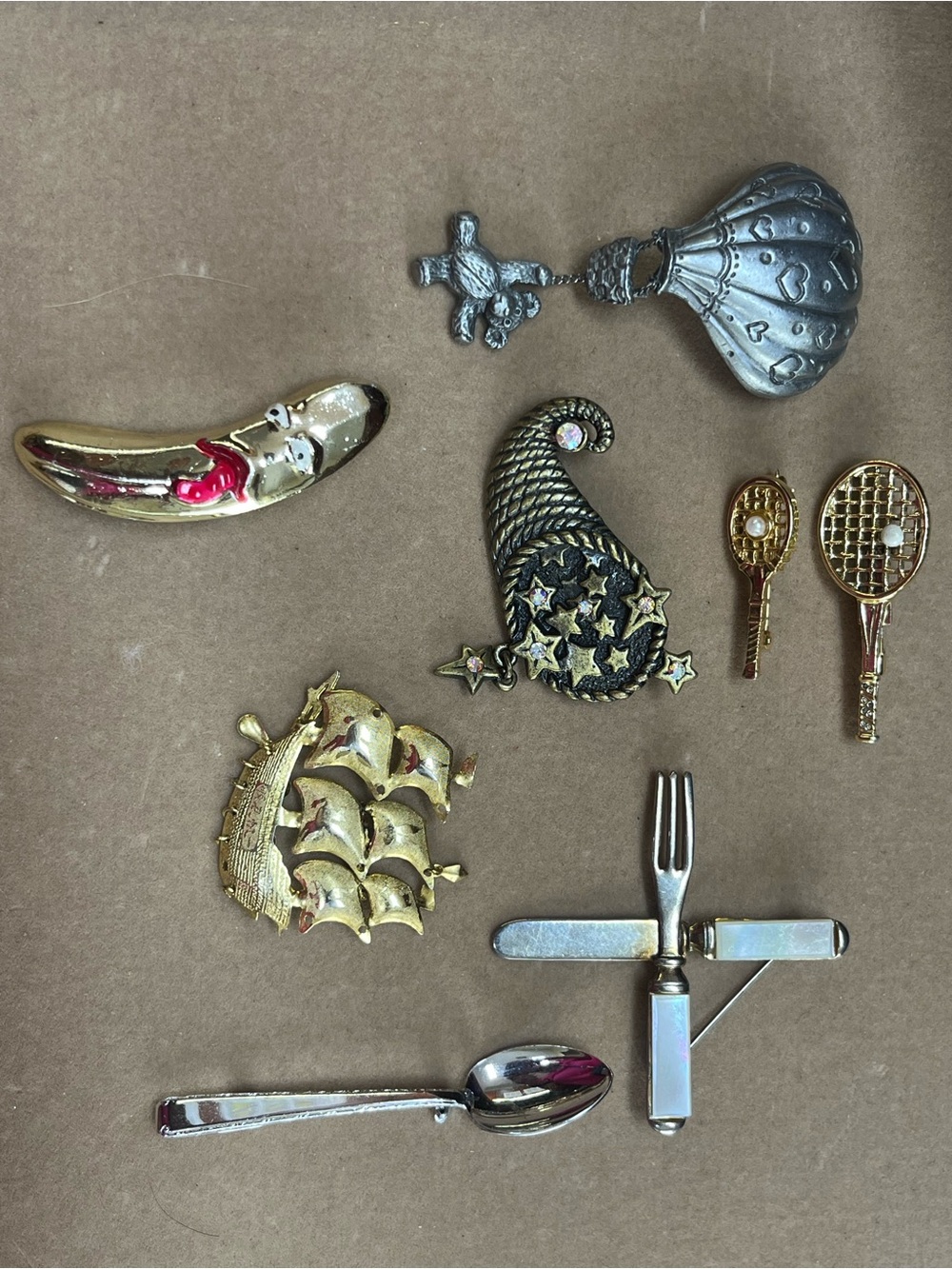 Vintage Novelty Brooch Lot Spoon Tennis Racket Ship Balloon 8 Pc